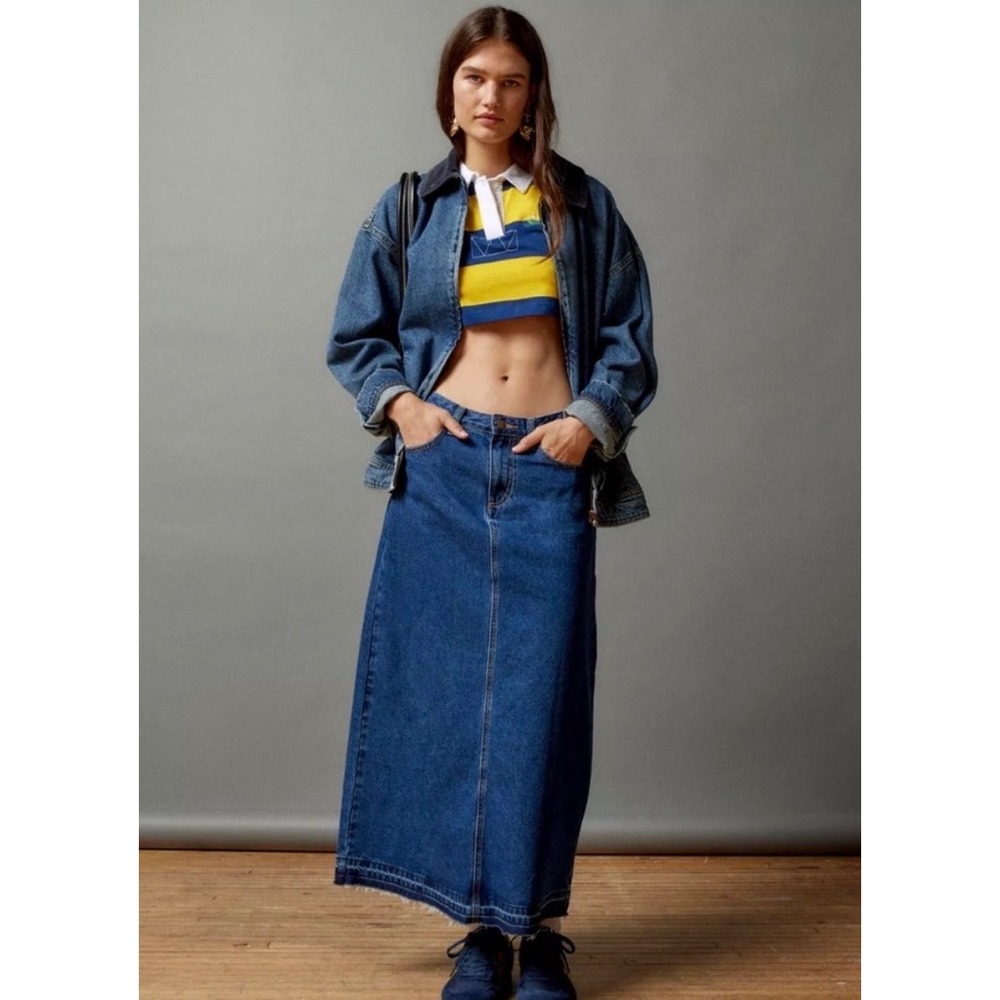 BDG‎ Urban Outfitters Denim Maxi Skirt Dark Wash Raw Hem Back Slit Small Petite